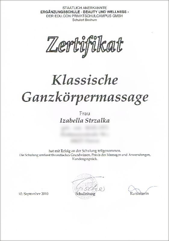 Zertifikat Ganzkörpermassage